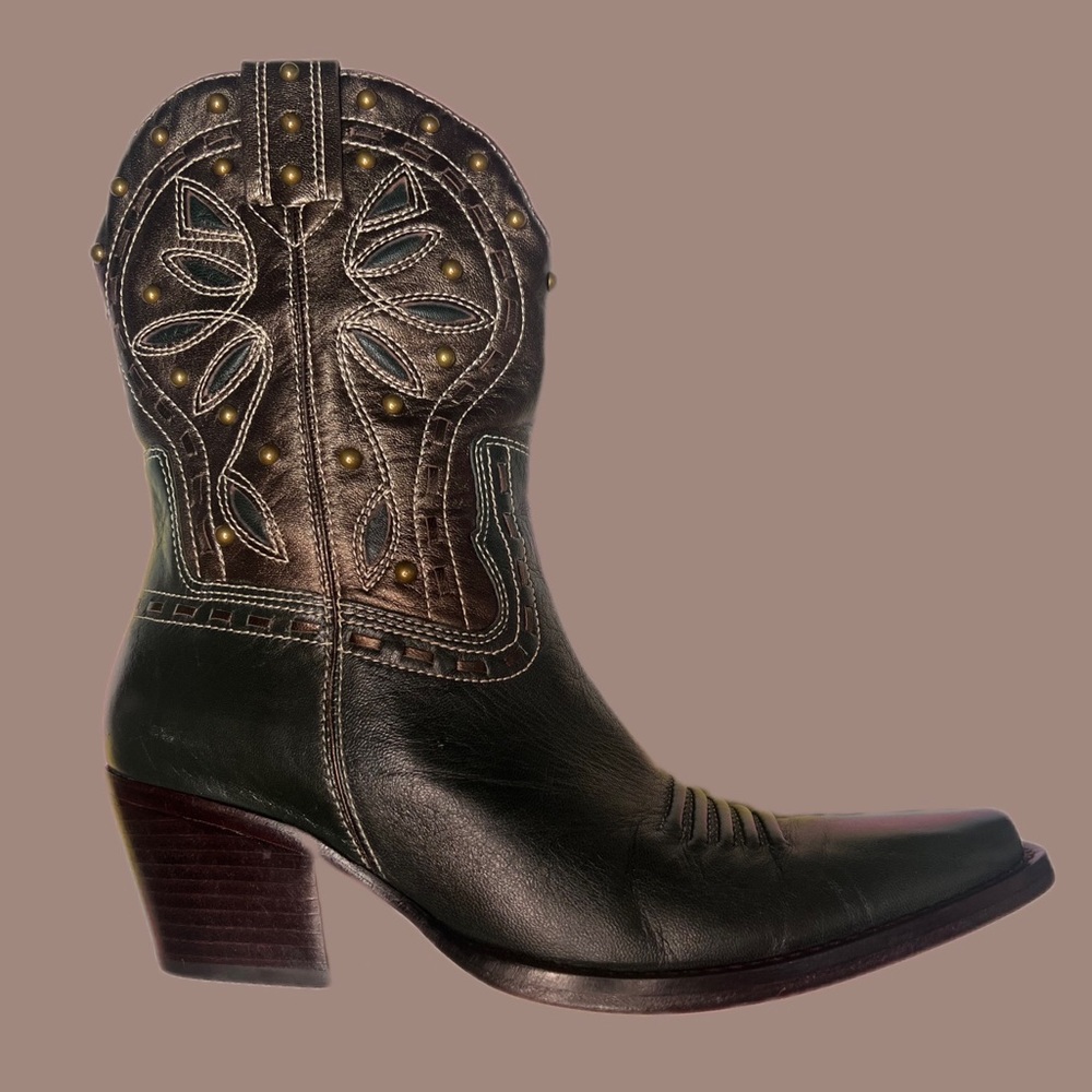 Cole HAAN , Emerald & brown studded leather Cowgirl boots
